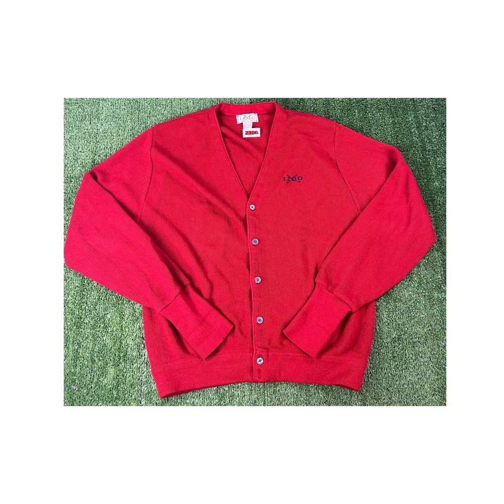 Izod Mens Red V-Neck Button Front Acrylic Knit Cardigan Sweater Large Logo